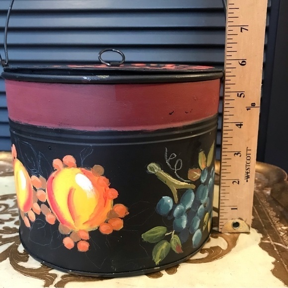 Cottagecore Hand painted Toleware Tin Bucket w/ Lid, Features a Fruit Motif - Picture 15 of 16
